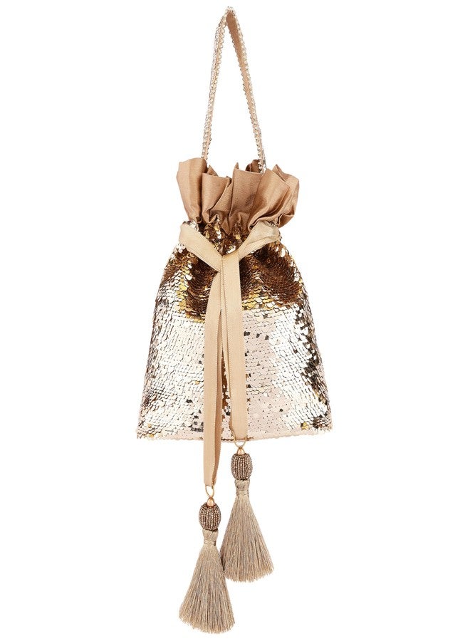 MASQ by Q-One Sequin Potli Bag for Women | Party & Wedding Clutch Bag | Handcrafted Drawstring Potli with Tassels | Festive & Ethnic Gift Pouch for Ladies (Gold) - Image 2